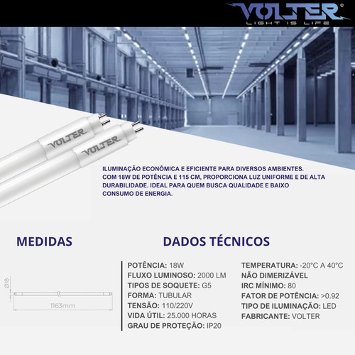 Lâmpada Led Tubular Volter 18w T5 115cm G5 127/220V Branco Quente 3000k 1900lm