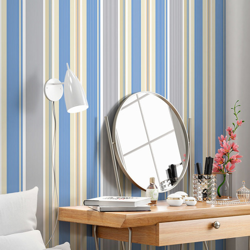 Imagem 2 de 2 de Papel De Parede Quarto Bebe Menino Tons Azul Cinza E Amarelo