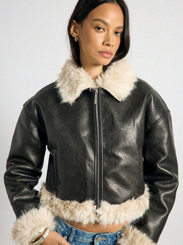 Campera Gamulán Negro Piel Sintética Mujer