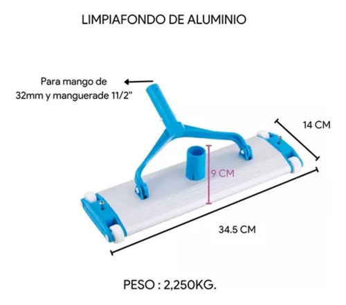 Limpiafondo De Aluminio 35cm Con Ruedas Y Cepillo Barrefondo Para Piletas + Palo Mango Barral Caño Extensible 2,4 Mts Ø 32mm Y Sacahojas Profesional Con Bolsa Grande