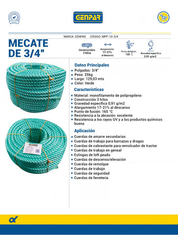 Mecate Polipropileno Rollo130mts. 3/4 X Metro Genpar 25kg.