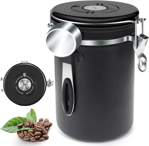 Contenedor hermético de acero inoxidable para granos de café, recipiente  para café, contenedor de almacenamiento de alimentos para cocina con  válvula de liberación, cuchara de 1,5 l