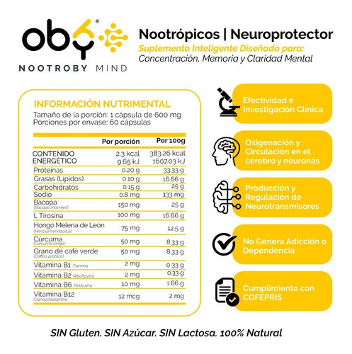 Oby Nootropicos Neuroprotector | Concentración, Memoria Sabor Sin Sabor
