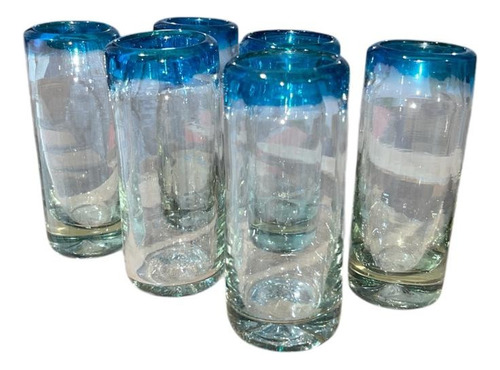 6 Tequileros De Vidrio Artesanales 80ml Con Azul Celeste