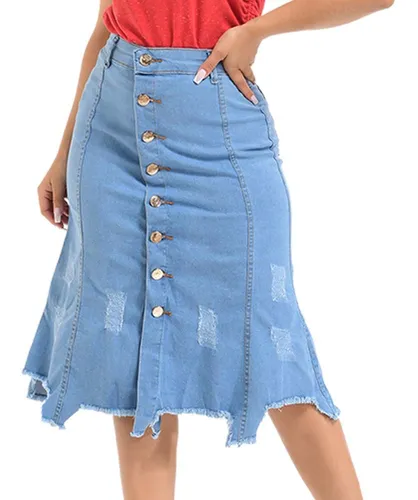 Saia Midi Jeans Destroyed Com Barra Desfiada Azul Claro Frete