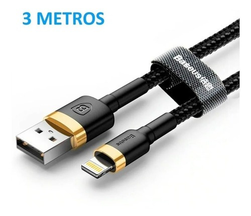 Cable 3 Metros Lighting Carga Rapida Reforzado Baseus Color Negro Dorado
