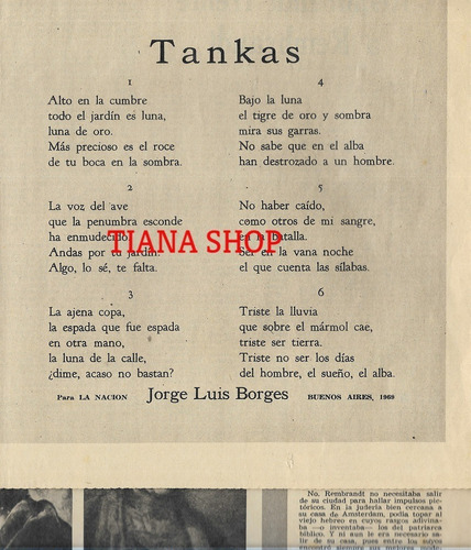 Jorge Luis Borges. 1ra. Edición Poema Tankas, Para La Nación