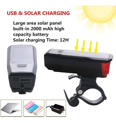 Faro Bicicleta Con Bocina Carga Solar/usb Luces De Seguridad