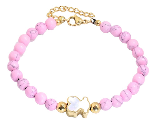 Pulsera Piedras Rosa Con Oso Y Detalles Dorados