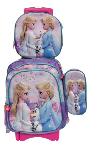 Mochila, Lonchera Y Lapicera Frozen Primaria Con Llantas, Ruedas O Carrito Lila