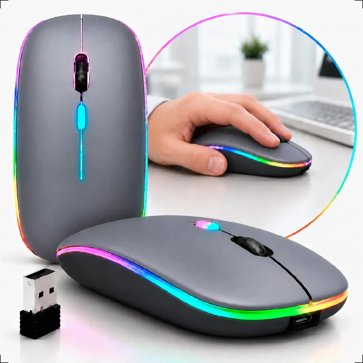 Mouse Sem Fio Recarregável Wireless Bluetooth Optico Led Rgb Ergonômico Para Pc Desktop Notebook Tablet Smartphone Cinza