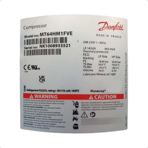 Compressor Danfoss 5hp Monofásico 220v R22 Mt64-1vi