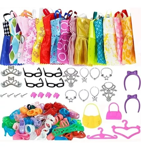 Roupa Boneca Para Barbier, Kit Com Roupas e Acessórios 42 Peças 8 vestidos  sortidos 10 pares de sapatos 4 óculos 8 colares 2 bolsas 2 cabides 2 tiaras  2 brincos (pares) 2 pulseiras 2 coroas : : Brinquedos e Jogos