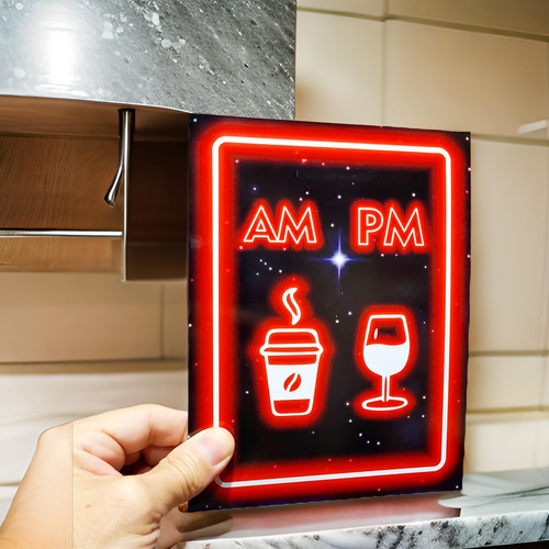 Cartel Chapa Decorativo Am Pm Cafe Y Vino Estilo Neon Led
