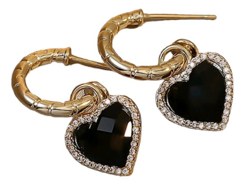 Aros Tipo Argolla Corazon Negro Y Cristales Baño De Oro 18k