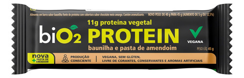 Barra de Proteína Vegana Baunilha e Pasta de Amendoim Cobertura Chocolate Meio Amargo biO2 Protein Pacote 45g