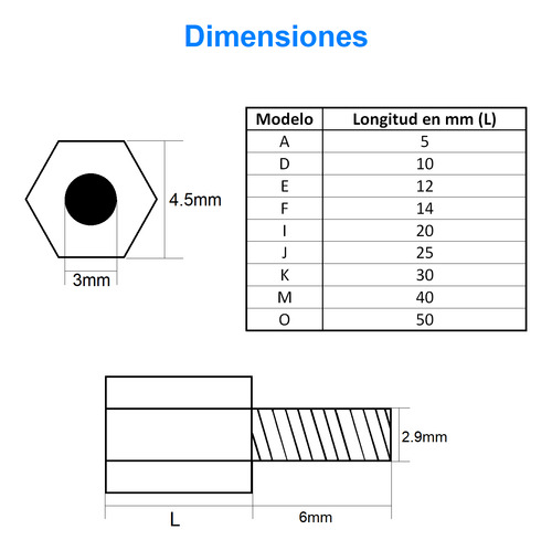 Juego De 10 Postes Latón M3 Macho-hembra 50+6mm, Arduino