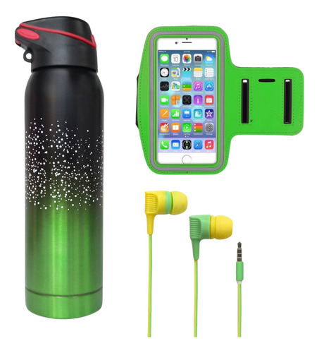 Combo Botella Térmica 500ml Brazalete Auriculares Con Cable