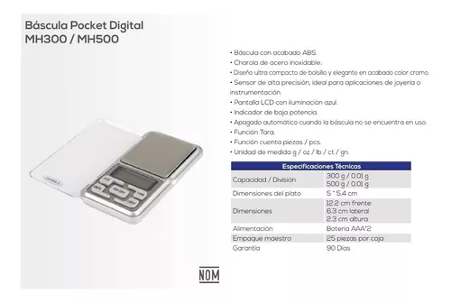 Báscula de Precisión de Bolsillo, 500g-0.01g, Acero Inox., Balanza