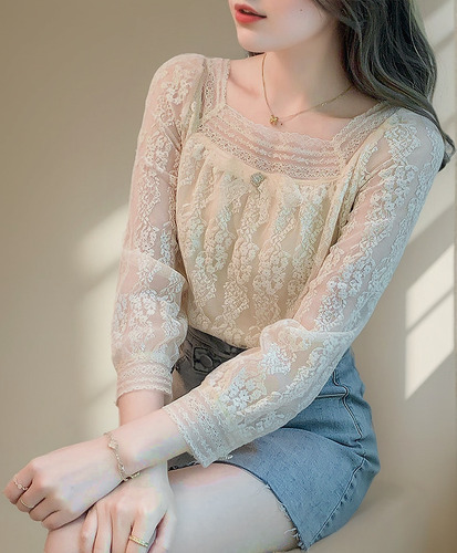 Blusa Con Cuello Cuadrado Y Camisa De Gasa De Encaje Para Mu