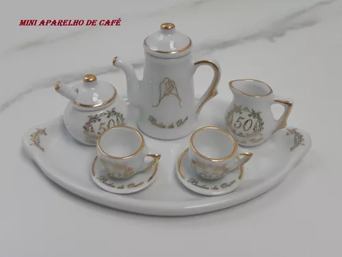 Jogo de miniatura de porcelana café chá branco ouro