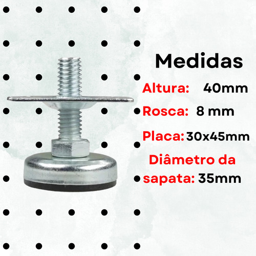 8 Sapata Pé Nivelador Com Placa Móveis 30x45mm Rosca 5/16