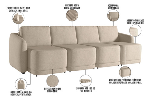 Sofá Cama para Sala de Estar 4 Lugares 396cm Montserrat K01 Linho Bege