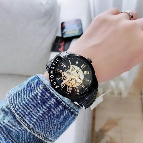 Reloj Fossil Extensible Metálico Automatico Bq2092 Correa Negro Bisel Negro Fondo Dorado