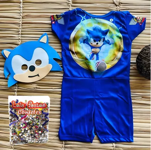 Fantasia Sonic Infantil Macacão Curto E Mascara