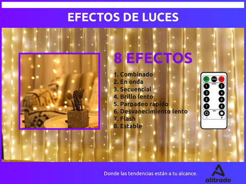 Cortina Led 3x3 mts 300 Luces 10 Tiras Lluvia Usb Alambre Control Efectos Decoraciones Navideñas