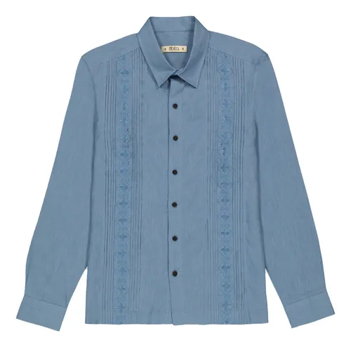 Abito Guayabera Azul Lino Manga Larga Mod. Kuru 100 Lino