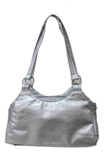 Cartera Mediana De Hombro Ecocuero Plateada Bolsillos Tachas Plateado Liso Plata Plateado