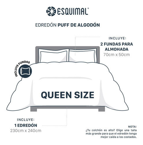 Edredón Puff Queen Size 100% Algodón + Fundas Esquimal Crudo Liso