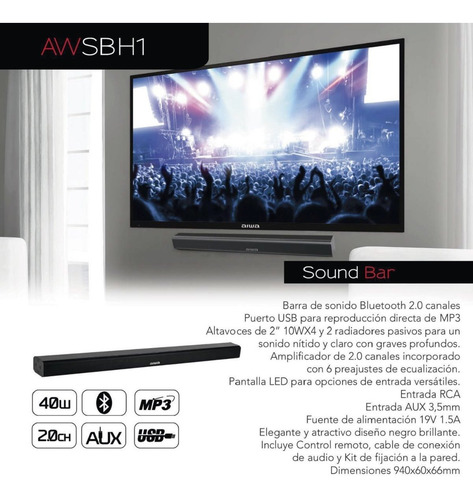 Barra De Sonido 2.0 Bluetooth Usb Aux 40w Aiwa
