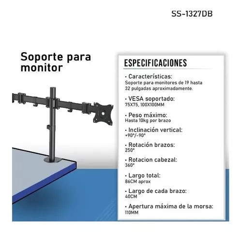 Soporte Doble Monitor Tv Led Lcd Brazo Escritorio 13 A 27 Color Negro