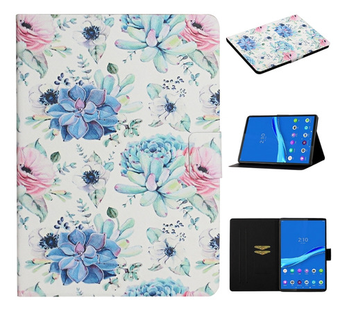 Funda De Piel Con Diseño De Flor Azul Sobre Blanco Para Leno