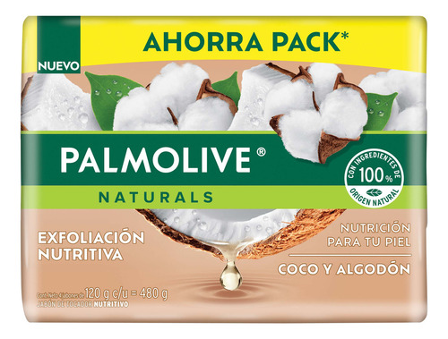 Palmolive naturals exfoliación nutritiva jabón de baño coco y algodón 4 piezas 120g