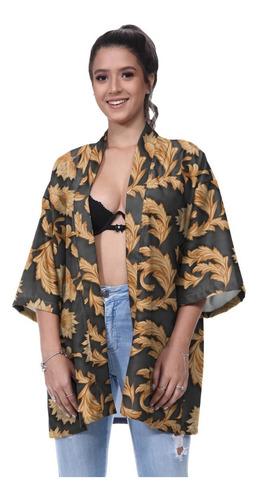 Kimono Haori Floral Estampa Praia Verão Black Gold Tropical