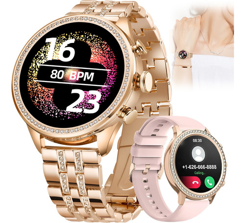 Smartwatch Mujer Reloj Inteligente Diamantes + Correa Rosa