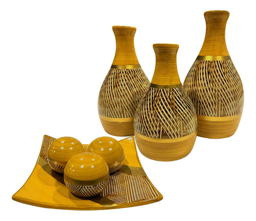 Jogo Ceramica Decorativo Centro Mesa Sala Enfeite Conjunto Cor Leticia Mostarda Dourado