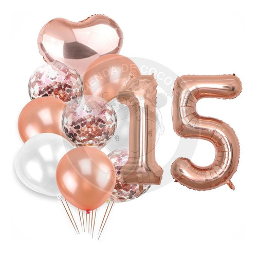 Numero 15 Rosa Gold 1 M + 9 Globos Latex Rosa Gold Confetti 