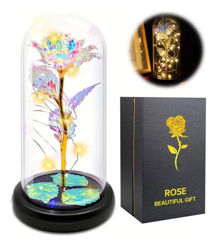 Rosa Flor Eterna Tornasol Cupula Devidrio Lampara Led Regalo