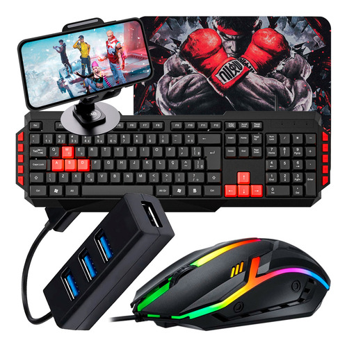 Kit Mobilador Mageon Teclado Gamer Mouse Led Pad Hub Tripé Mouse Preto Teclado Preto