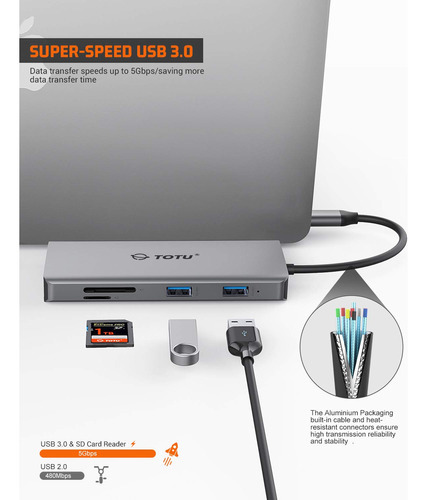 Hub Usb C, Hub Tipo C, Adaptador Totu 11 En 1 Con Ethernet