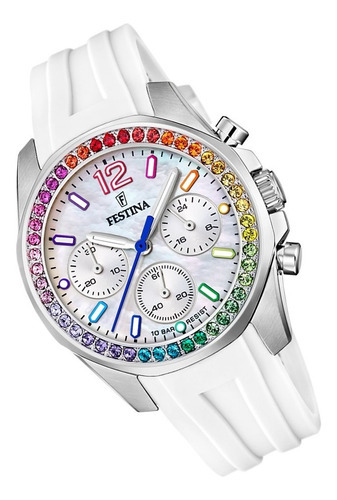 Reloj Festina Blanco Piedra Multicolor Mujer Caucho F20610.2 Color Del Fondo Nácar Color De La Malla Blanco Color Del Bisel Multicolor