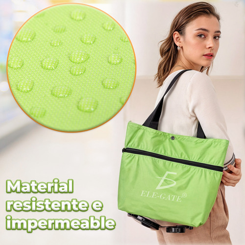 Carrito Compras 2 En 1 Bolsa Plegable Ruedas 25 L Capacidad Multifuncional Color Verde Ele-Gate