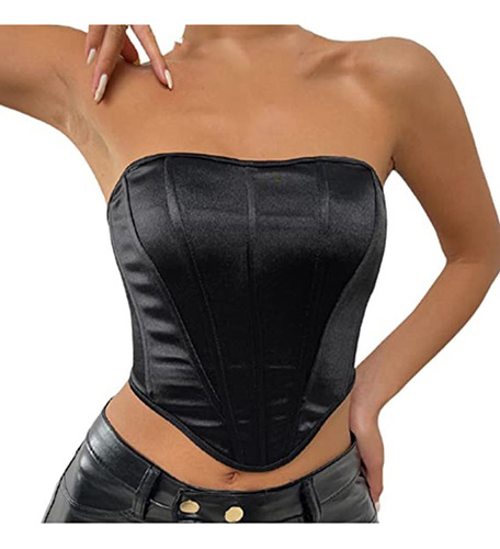 Top Corto Sexy Con Cuello En V Negro Mujer Slim Sin Mangas +