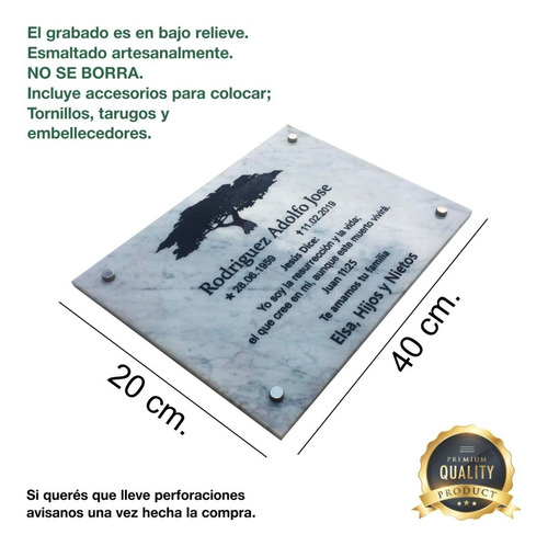 Imagen 2 de 8 de Placa De Mármol Blanco O Negro. Grabada. 40x20cm.