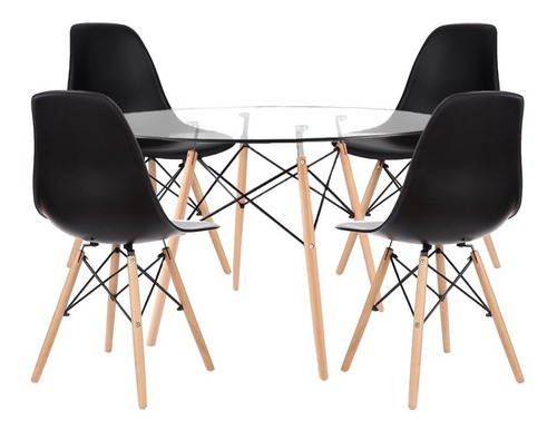 Mesa Eames Redonda Vidrio 120cm + 4 Sillas Eames Comedor.