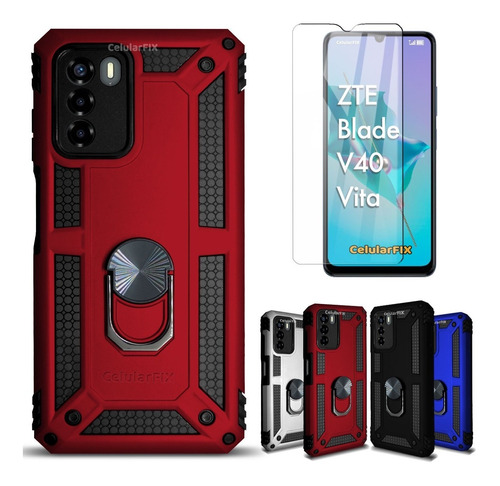 Funda P/ Zte Blade V40 Vita, Uso Rudo C/ Anillo + Cristal